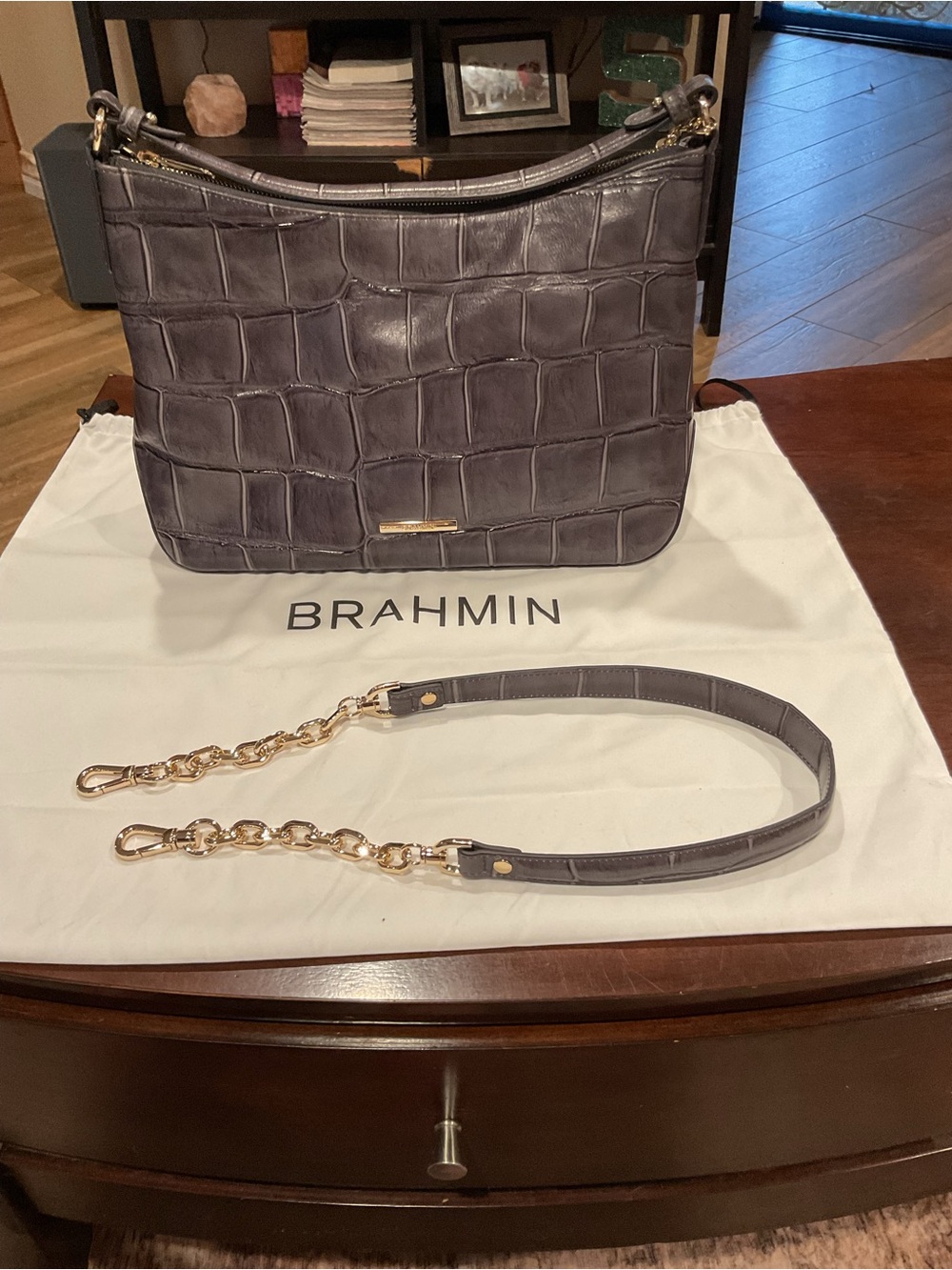 Brahmin Gray Croc-Embossed Leather Shoulder Bag with Gold Hardware